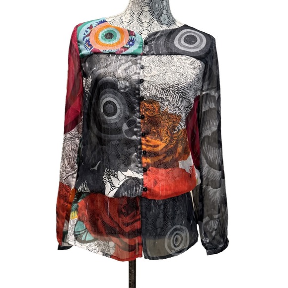 Desigual Tops - Desigual Small Colorful Patchwork Sheer Chiffon Tunic Blouse Boho Long Sleeve